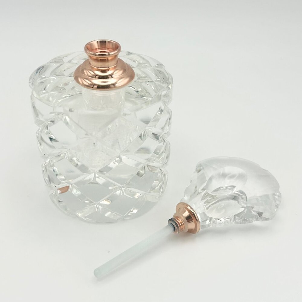Oleg Cassini Vintage Crystal Perfume Bottle With Rose Gold Accents & Faceted